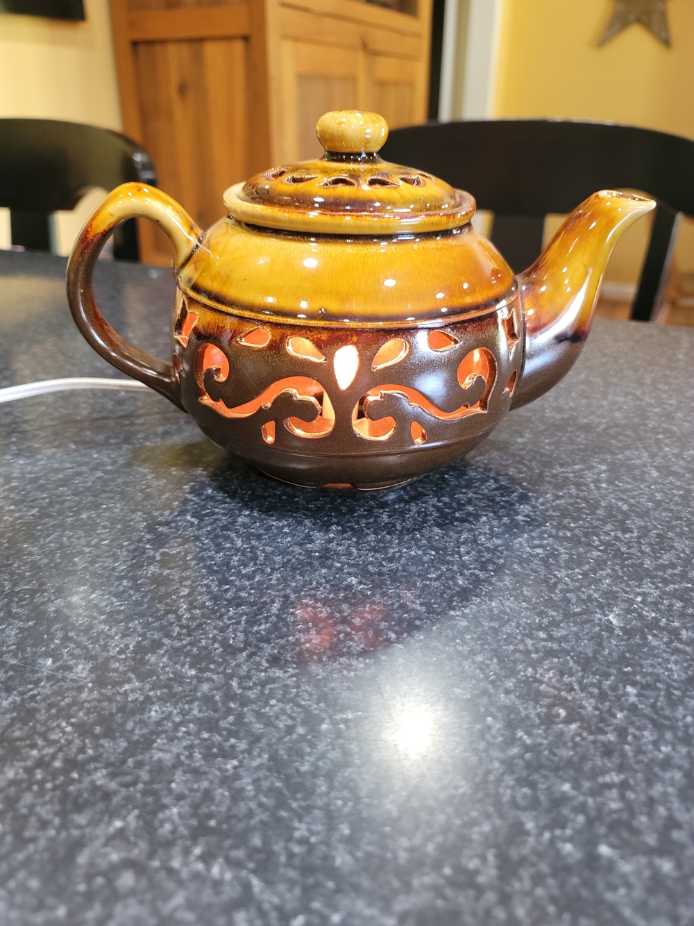 Decorative brown glazed ceramic teapot-shaped accent lamp or nightlight
